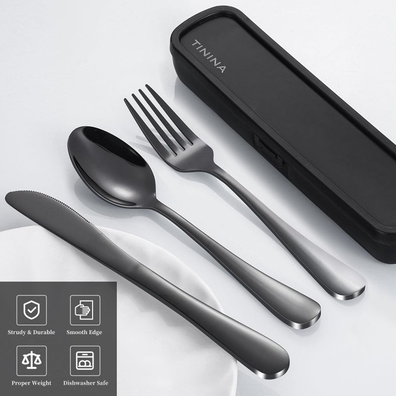 TININA Travel Utensils with Case  4-Piece Stainless Steel Portable Cutlery Set  Reinforced Case with Buckle Design  Lunch Box for Camping Work School  Include Fork Spoon Knife  Dishwasher Safe  Black - Image 2